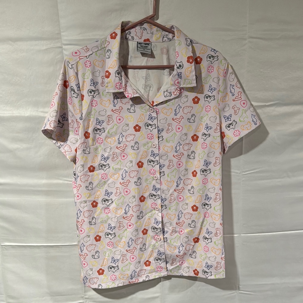 Women’s Hot Topic Pink and Orange Button Down Shirt Whimsical Print
